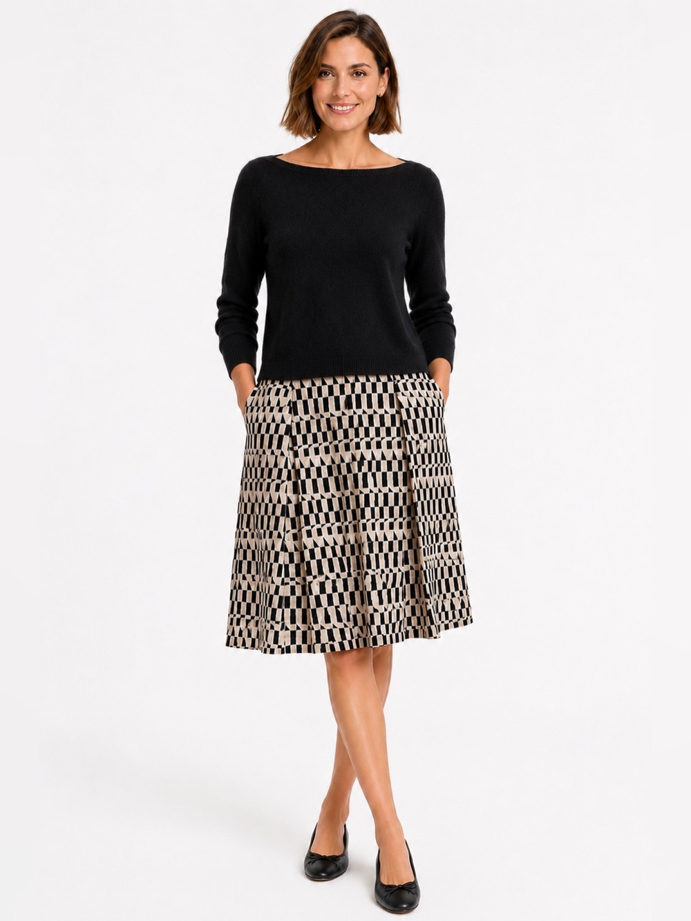 Kate Spade Black, Pink & Cream Geometric Print A-Line Skirt with Pleated Pockets